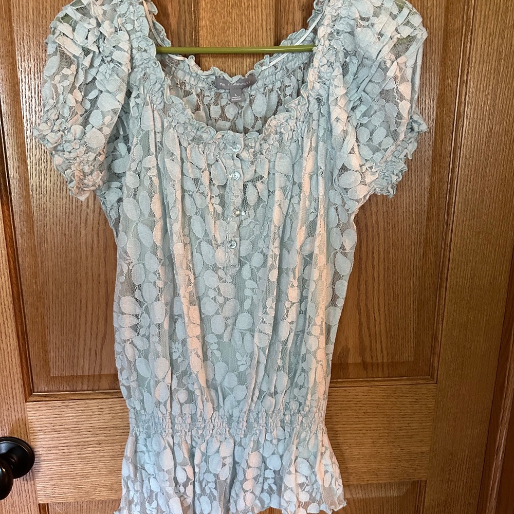 NY Collection Light Blue Short Sleeve Sheer Lace Blouse w/Cami.  Size L.